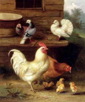 hunt - A Cockerel Hen And Chicks With Pigeons poultry livestock barn Edgar Hunt
